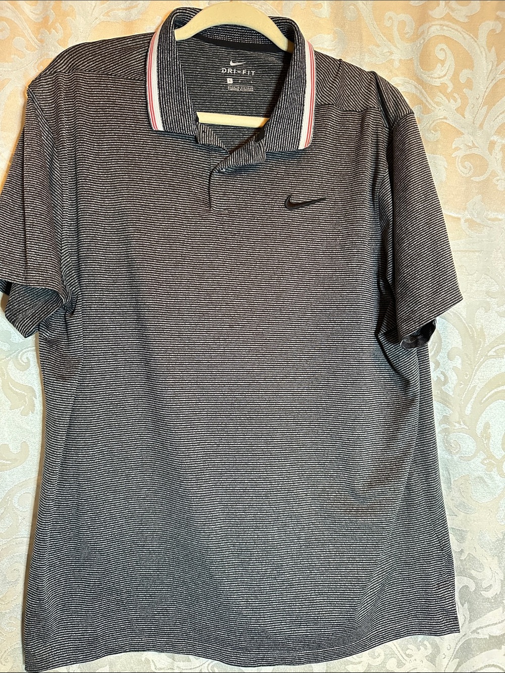 Nike Men's Black & Gray Microstripe Dri-FIT Polo with Red-Trim Collar
